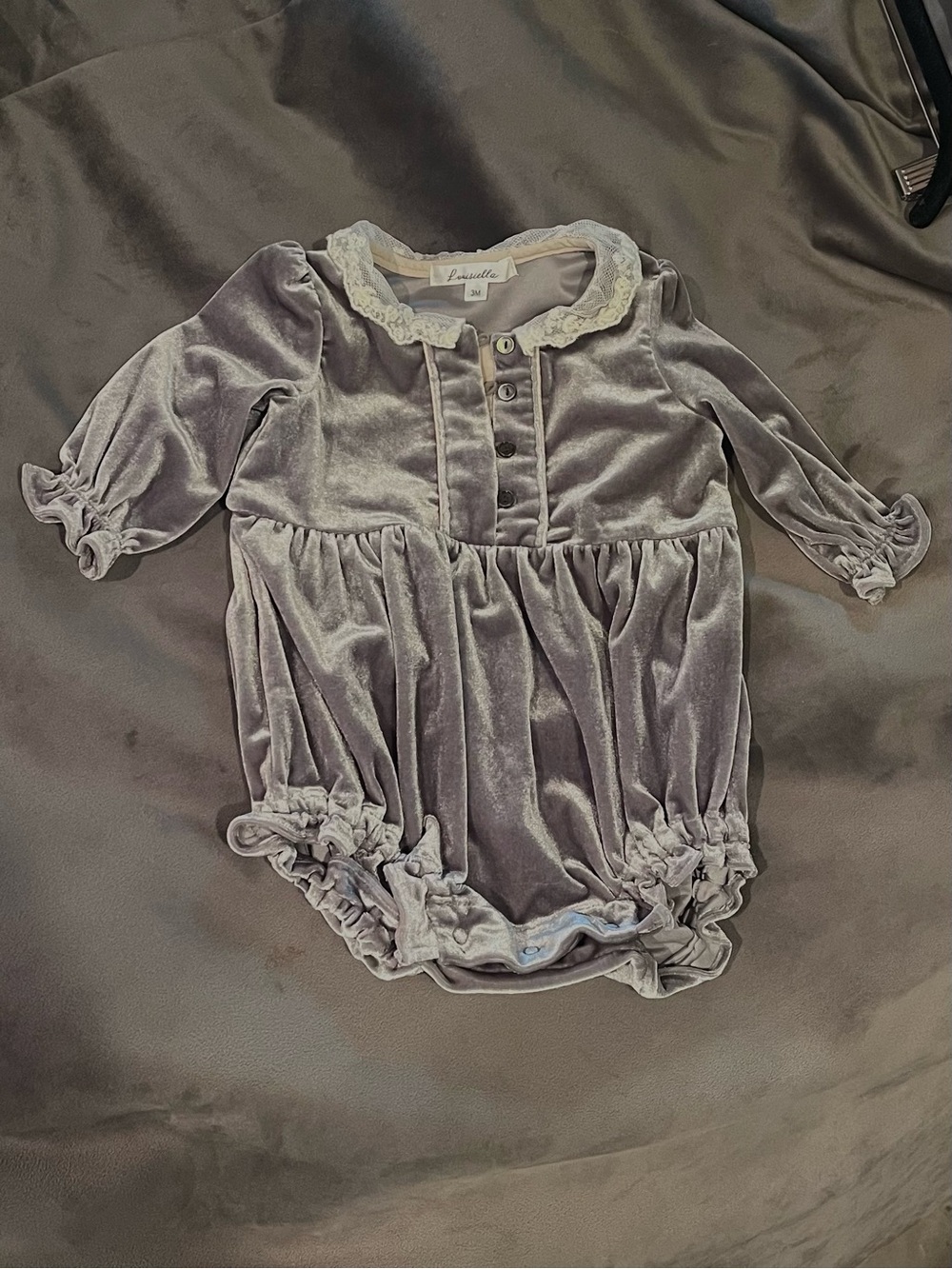 Louiscelle Velvet Baby Dress in Gray with Lace Collar